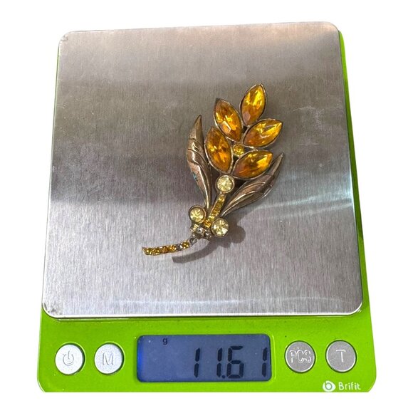 Vintage Amber Rhinestone Leaf Brooch Gold Tone Jewelry Unsigned Estate Statement - Picture 5 of 5